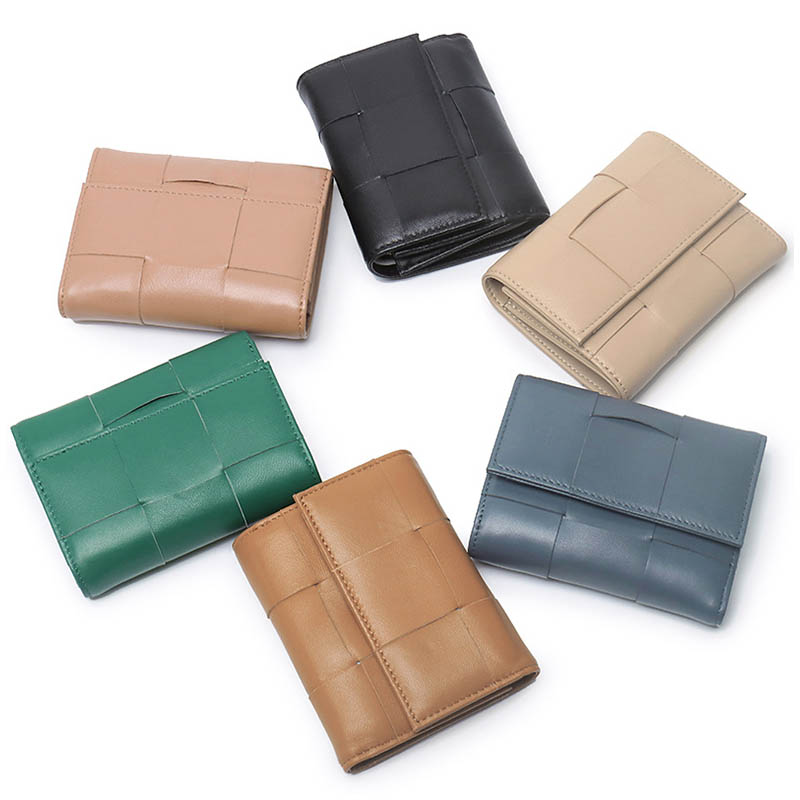 Cartera trenzada de cuero genuino al por mayor de fábrica con monedero triple de moda para mujeres