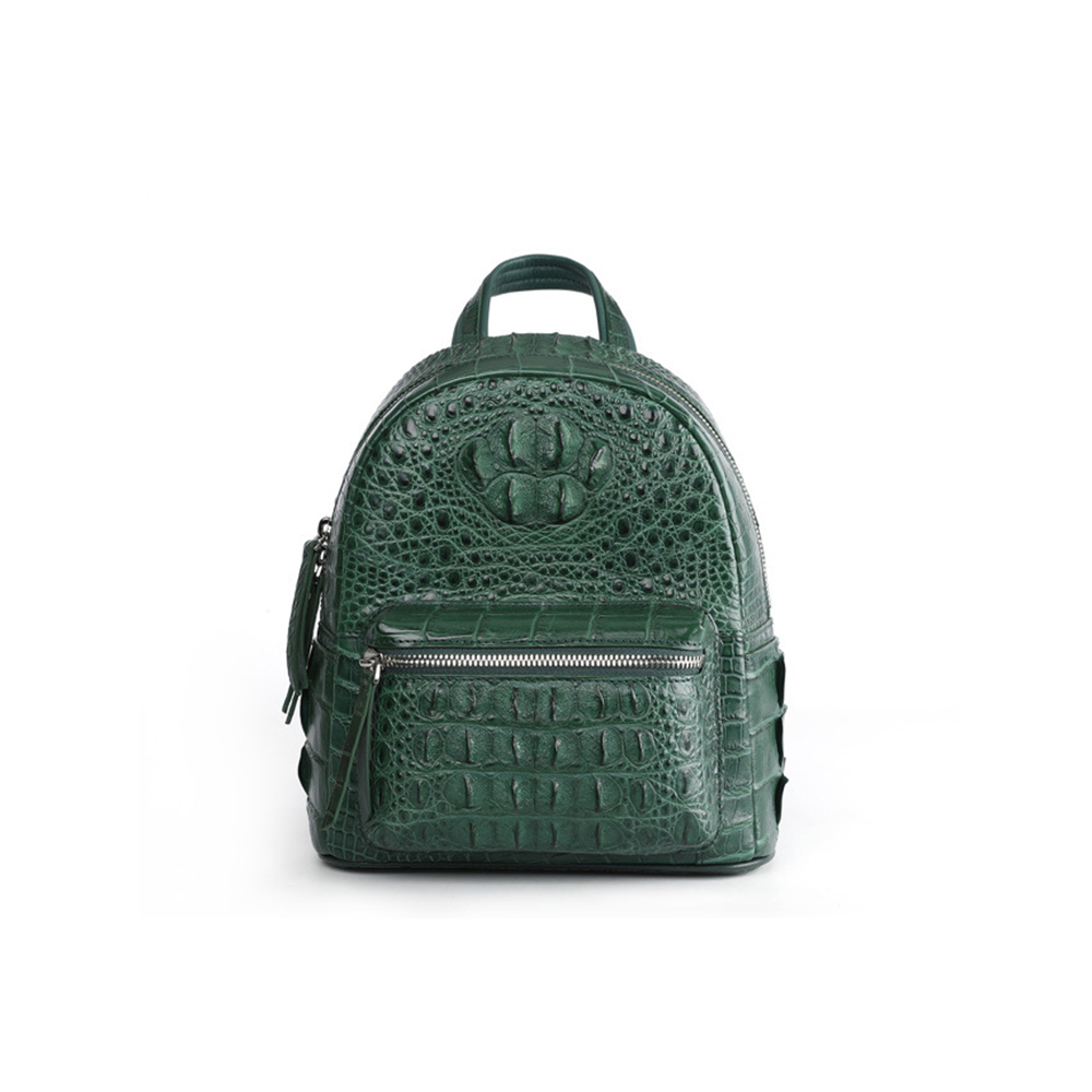 Pequeña cantidad, barata, unisex, verde, tamaño mediano, mochila de cuero de cocodrilo genuino