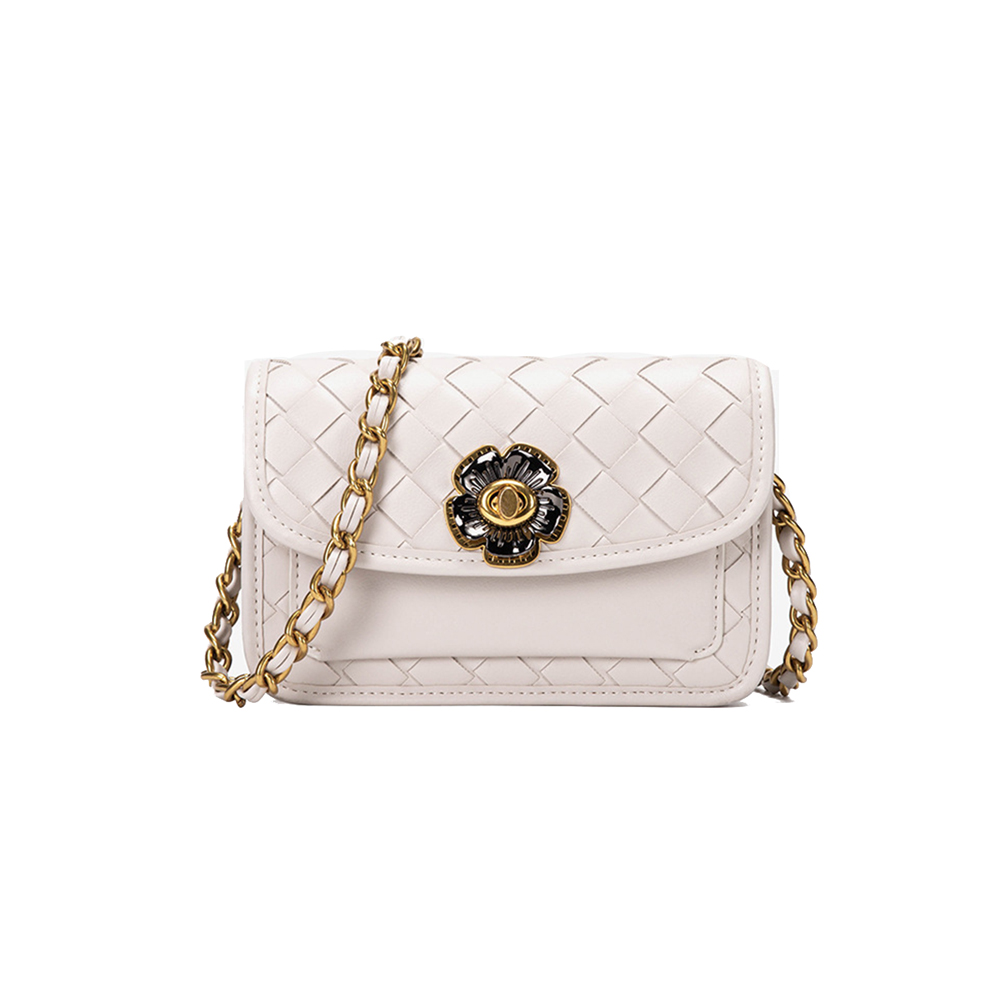 Elegante bolso de noche tejido de cuero vegano ecológico con logotipo de candado de flores personalizado